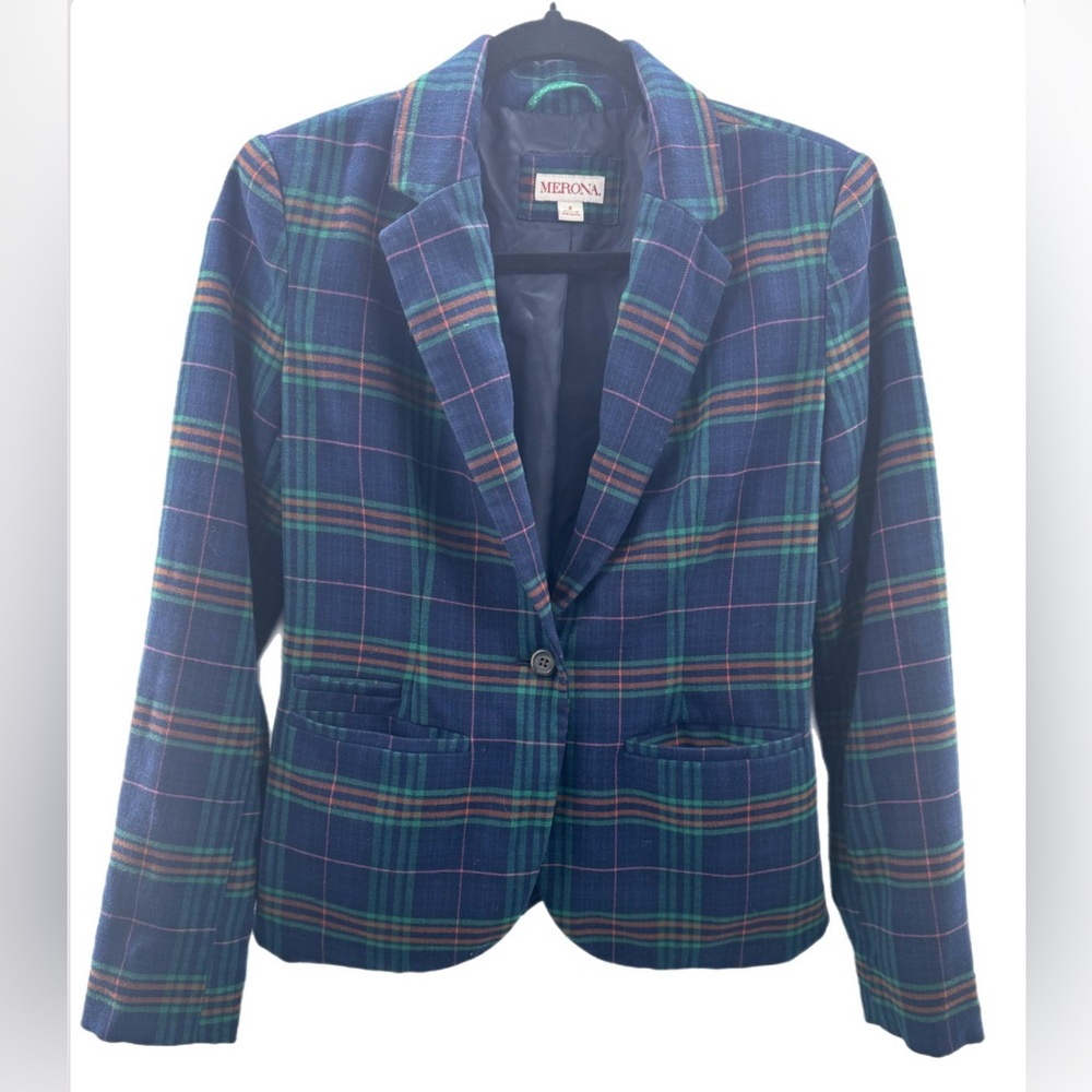 Merona Women's Plaid Blazer - Navy and Green